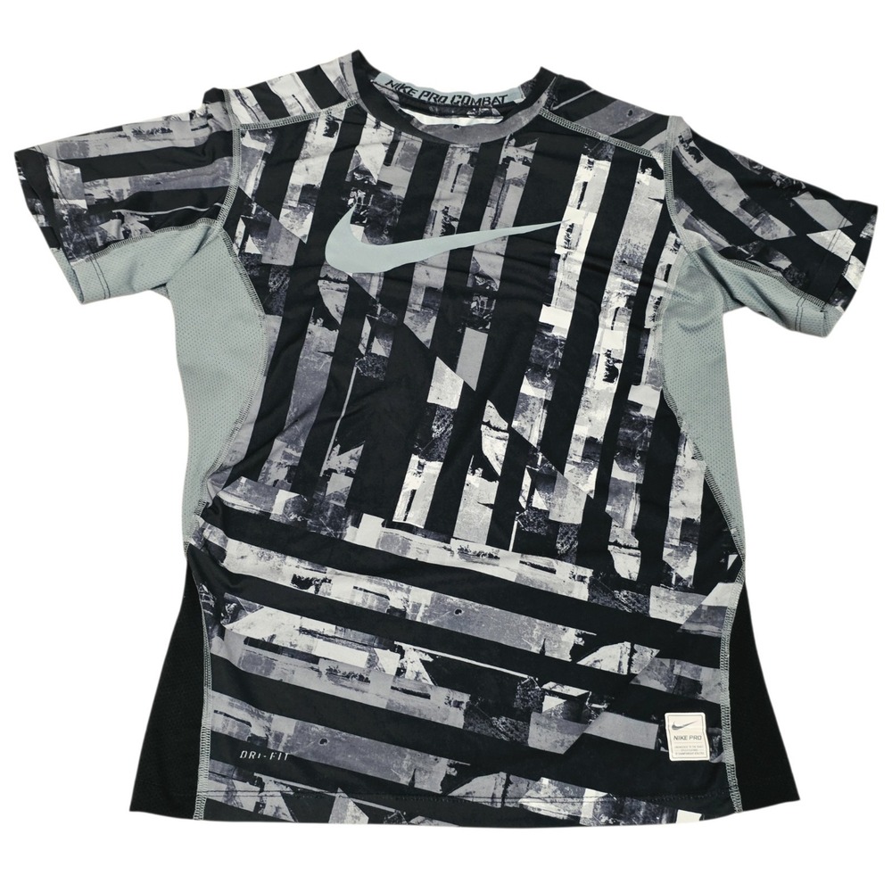 Nike Pro Combat Dri-FIT Shirt Youth Large Black Gray Fitted All Over Print